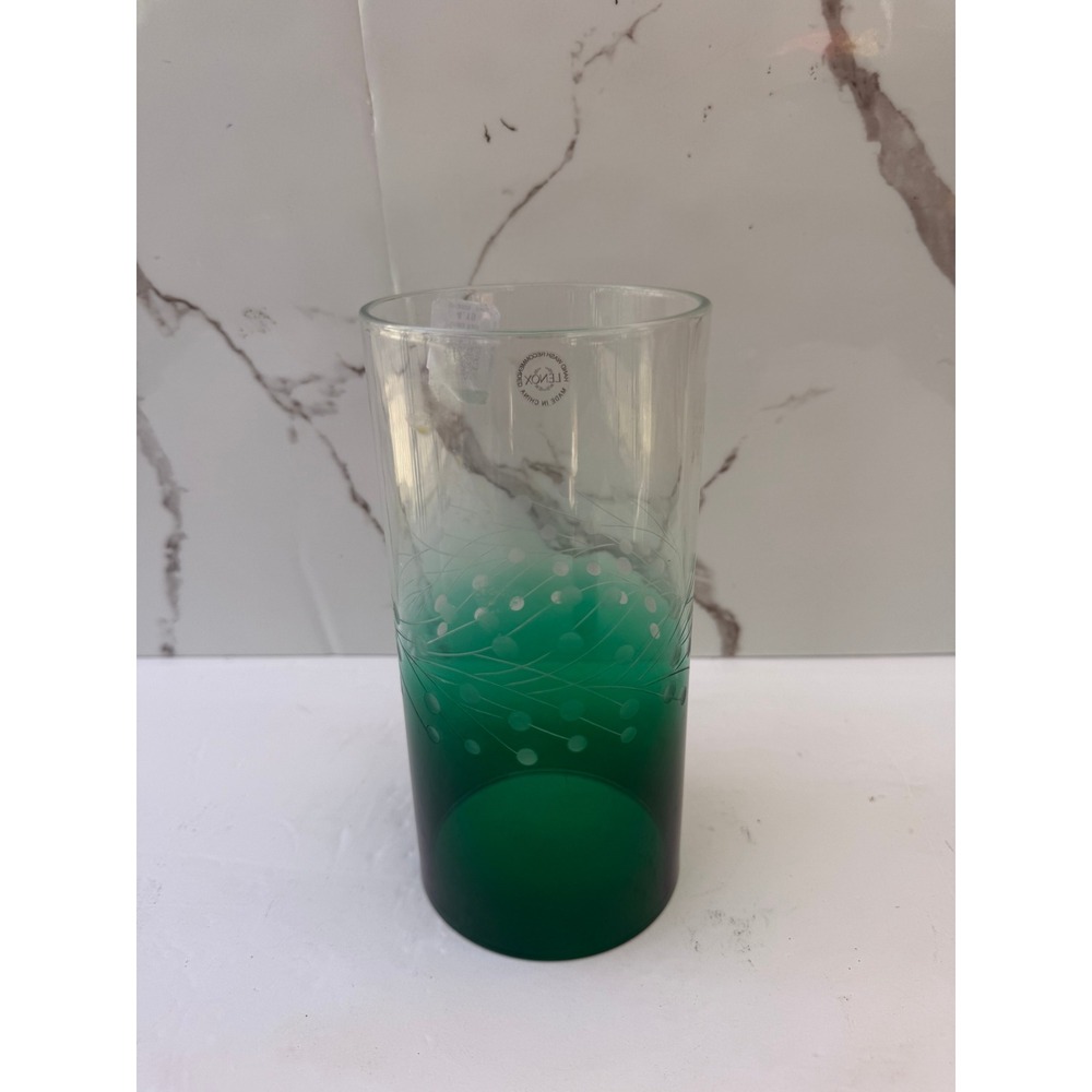 Lenox Emerald Green Ombre Etched Botanical Highball Glass vase /candleholder 6"